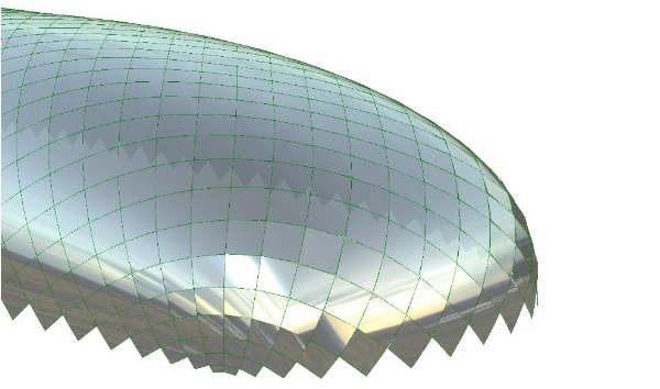 Fig. 3 Single curved. Perfectly smooth in the cylindrical middle part of the dome, but showing defects in double curved regions.