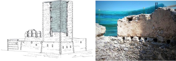 Figure 3: Proposal for the restoration of Schaesberg Castle with horizontally stacked glass elements (left) and the perception of glass and masonry as an artistic installation on a historic flourmill designed by the artist C.Varotsos (right) [9].