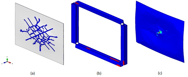 Fig. 3: Example of damage detection in TGU components (ABAQUS): (a) propagation of cracks in glass (with elastic PVB in blue); (b) fracture initiation (b) in the frame members (in red) or (c) in PVB foils.