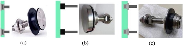Fig. 3. Different types of point fixed connectors for glass panels: (a) countersunk; (b) embedded bolts and (c) bonded articulated stainless steel bolts. 