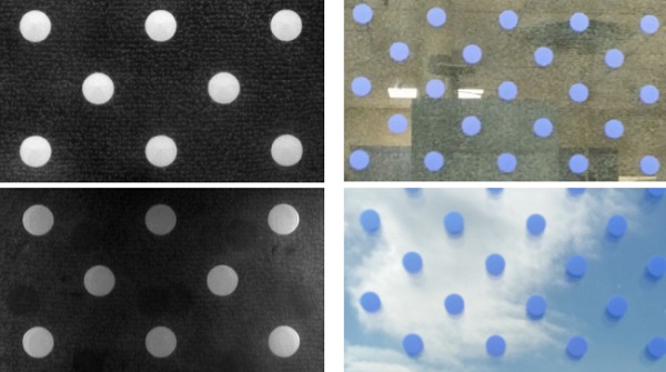 Figure 3. (Upper Left) A UV Image of a blue first surface coating, printed in a dot pattern and illuminated with conventional fluorescent light. (Upper Right) A conventional, interior photograph of the blue-printed glass. (Lower Left) UV Image of the blue-printed glass illuminated with 395 nm light. (Lower Right) A conventional, exterior photograph of the blue-printed glass.