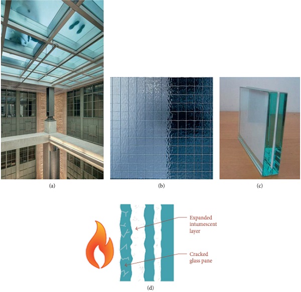 Figure 3   FR glass: (a) examples of application in a public building, (b) wired glass, (c) double LG with intumescent layer, and (d) working principle of a triple LG with intumescent interlayers (schematic cross section).