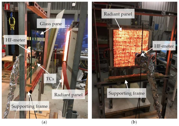 Figure 3. (a) Side view of specimen in the supporting frame with the radiant panel to the right and the HF-meter behind the specimen to the left; (b) View from the back of the glass specimen.