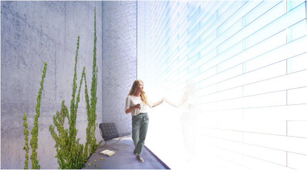 Fig. 3. Vision - Visualization of the glazed wall made with translucent aerogel brick. The brick allows a frame-free endless construction.