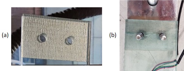 Fig. 3: (a) GFRP reinforced glass specimen (note: prior to fabricating the bolted joint) and (b) glass did not fracture fully across the width of the glass in the reinforced glass–bolted joints