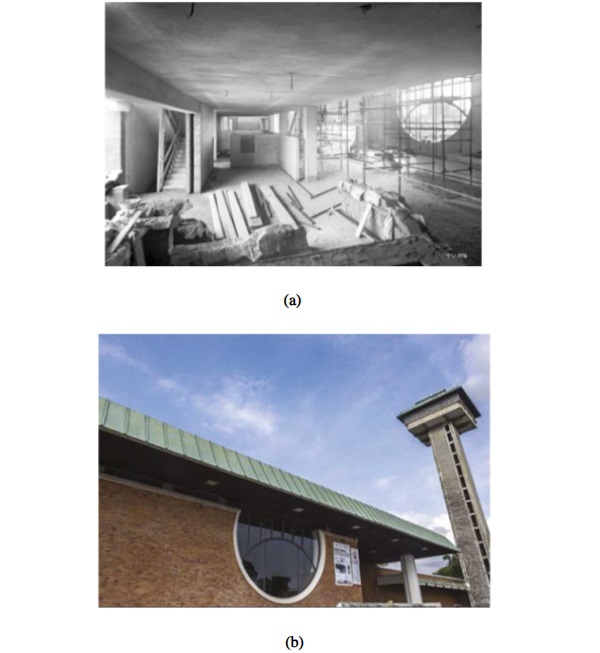 Figure 3 Glass facade (a) at the time of building construction (indoor view) and (b) today (outdoor view).