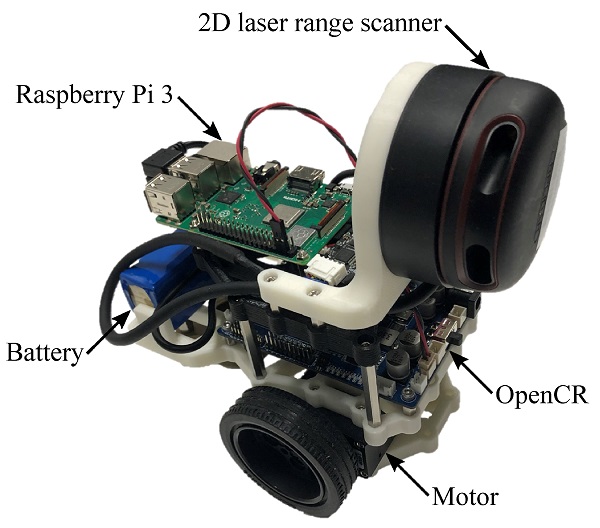 Figure 3. Window scanning robot. The robot’s size is  189.7×138.7×191.9  mm, and its weight is 1.26 kg. The robot can obtain location information of window frames using a 2D laser range scanner installed perpendicularly to the ground.
