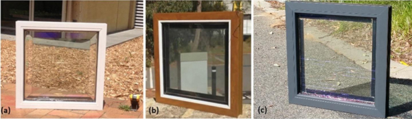 Fig. 3 R&D solar window prototypes (2014−2016) of various transparent solar glazing configurations of glass dimensions 500 mm × 500 mm. (a) Solar window with internal thin-film coated spectrally selective light deflectors using edge-attached PV modules only; (b, c) framed solar window prototypes using a combination of edge-attached and backside-perimeter PV modules, with an epoxy resin-based planar interlayer (b), or with added internally-structured transparent spectrally selective components (c). The images were reproduced from https://www.nature.com/articles/srep31831.