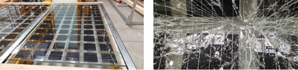 Figure 3: Test set-up and detail view of broken laminated glass with PV