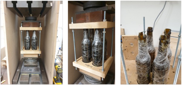 Figure 3 – ‘Test 1’ configuration set-up before (left and middle) and after testing (right).