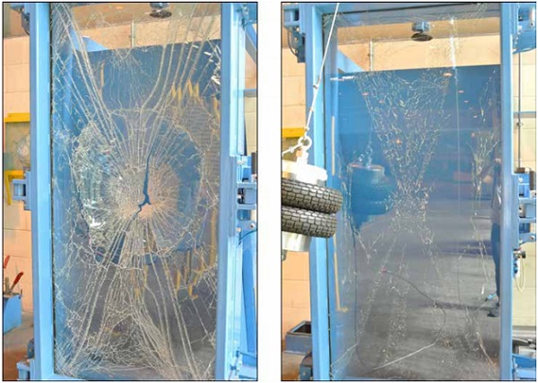 Figure 3. Pendulum test according to DIN EN 12600 on laminated glasses with EVA interlayer. Result for low crosslinking (left) and high crosslinking (right)
