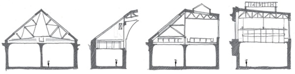Fig. 3: Varying Roof and Skylight Geometries Above Galleries.