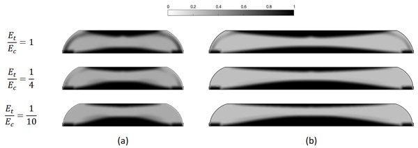 Fig. 3: The optimization results are shown for varying optimization stiffness ratios. The 400 mm span beams are shown in (a), while the 700 mm span beams are shown in (b). A colour bar at the top indicates how the shades of grey define varying thicknesses, with black being the full beam thickness and white being no material at all