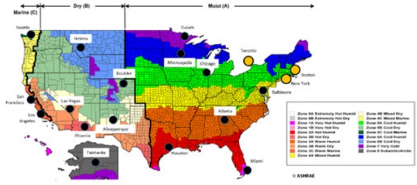 Figure 3: ASHRAE Climate Zones and Representative Cities