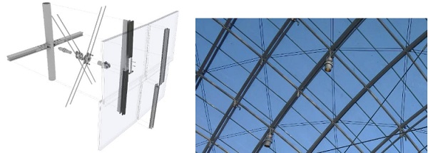 Figs. 4, 5 Explosion diagram study of the structural + glazing build up (left) and the installed detail on site (right). Graphic and Image: Knippers Helbig.