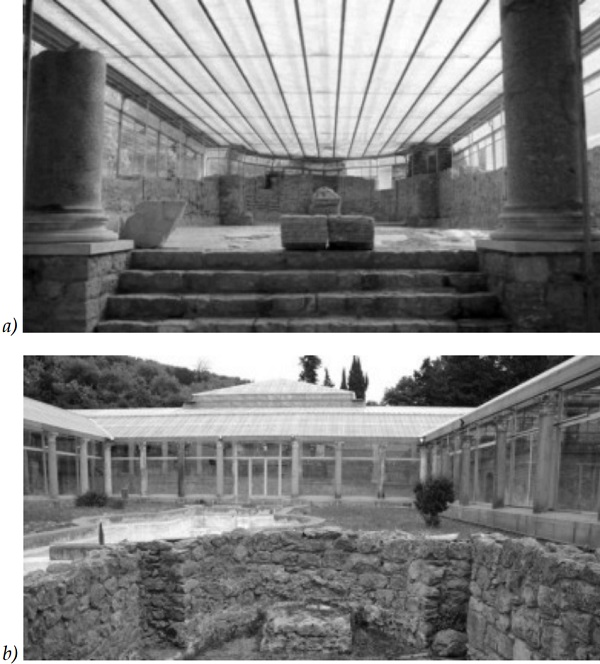 Figure 4. Restoration of Villa Romana del Casale in Piazza Armerina (Sicily) with a suspended transparent canopy made of glass and Plexiglas by F. Minissi (Vivio 2014) 