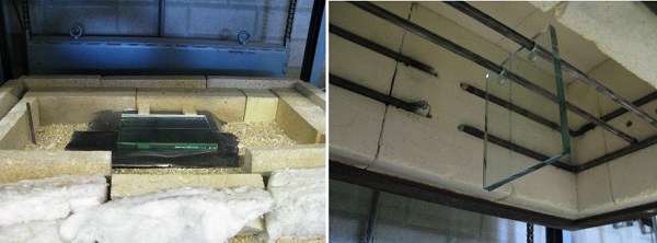 Fig. 4 Welding experiment, the position of the flange (left) and the web suspended in the box oven (right) prior to preheating.