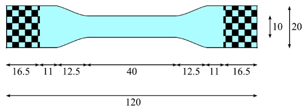Fig. 4 Dimensions in [mm] of PVB specimens for uniaxial tensile testing; thickness of the specimen is 0.76 mm.