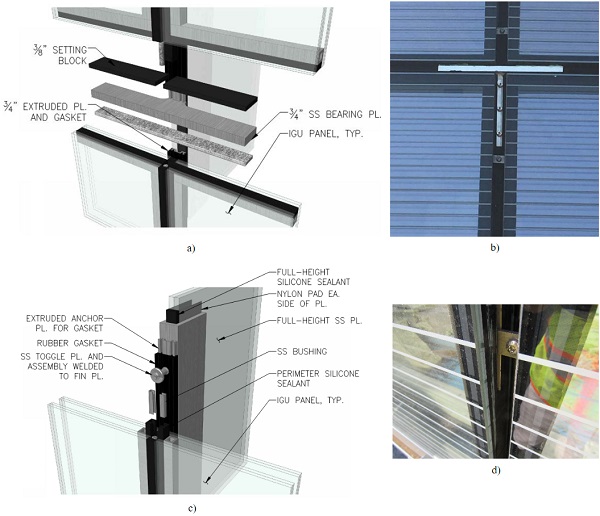 Fig. 4 a) Exploded axonometric of gravity bearing wing plate detail,b) Installed gravity bearing wing plate connection,c) Exploded axonometric of lateral toggle detail, d) Installed lateral toggle connection,