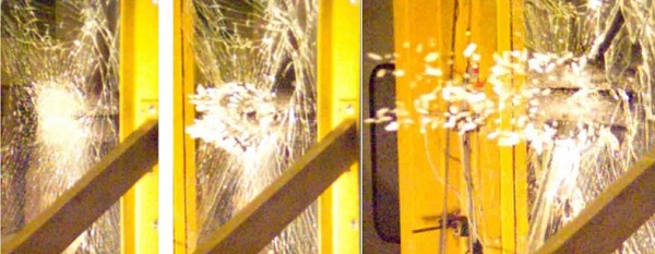 Fig. 4. Destruction of glass pane (thickness 6 mm fall height 1200 mm) 