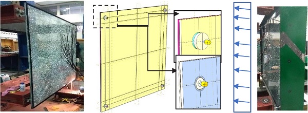 Fig. 4. Set-up for a single LG panel with point fixings at the corners and subjected to uniform distributed load: experimental analysis and numerical modelling.