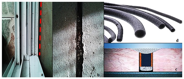 Figure 4. (a,b) show the structure line of the insulating barrier: (a) focal point of the study area in front of the window; (b) construction point for the insulation barrier; and (c,d) show the insulation barrier: (c) insulation materials; (d) insulation barrier on top of the slab, in front of the window base.