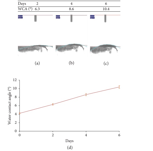 Figure 4 The water CA on superhydrophilic surface after (a) 2 days, (b) 4 days, and (c) 6 days. (d) The relationship between water CA and time of exposure is plotted in the graph.