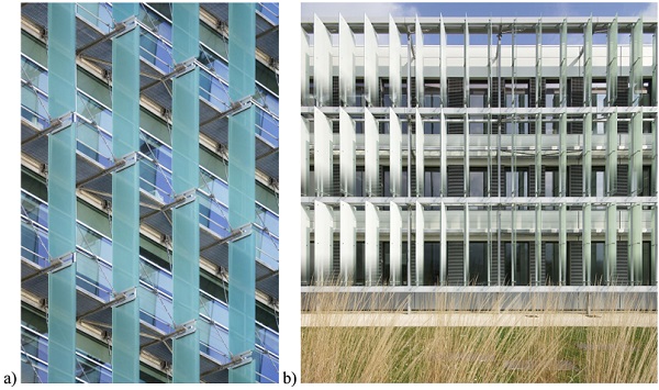 Figure 4. a) Federal Office Building in San Francisco (arch. Morphosis, 2007); b) INES – French National Solar Energy Institute (arch. Atelier Michel Rémon + Agence Frédéric Nicolas, 2013)