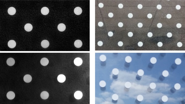 Figure 4. (Upper Left) A UV Image of a gray first surface coating, printed in a dot pattern and illuminated with conventional fluorescent light. (Upper Right) A conventional, interior photograph of the gray-printed glass. (Lower Left) UV Image of the gray-printed glass illuminated with 395 nm light. (Lower Right) A conventional, exterior photograph of the gray-printed glass.