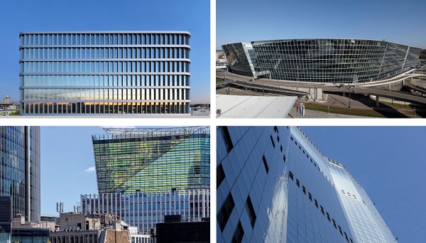 Fig. 4: Closed-Cavity Facades at MIZAL, Düsseldorf (top, left, ©Axel Thomae), The Circle at Zurich Airport (top, right, ©Rene Dürr Architekturfotografie) One FenCourt, London (bottom, left, ©Simon Kennedy) and22 Bishopsgate, London (bottom, right, ©Simon Kennedy).