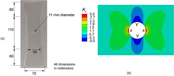 Fig. 4: (a) Open hole tensile test specimen (thickness 4 mm) and (b) distribution of the stress concentration factor in the vicinity of the hole