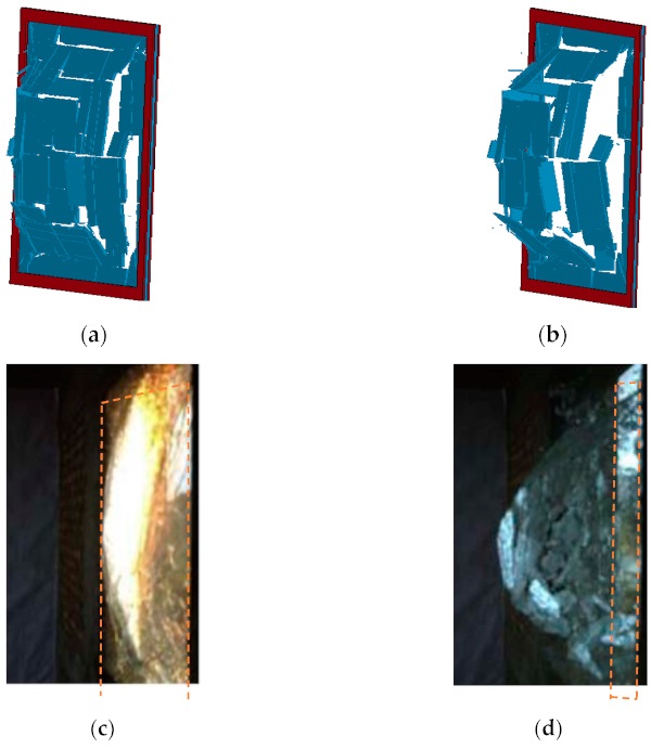 Figure 4. Comparison of failure modes between tests and simulations. (a) Numerical simulation at t =10 ms. (b) Numerical simulation at t = 20 ms. (c) Test at t = 10 ms. (d) Test at t = 20 ms.