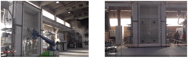 Figure 4. Installation of a monolithic single-layer glass panel in the furnace opening. Photo by the authors.