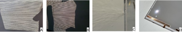 Fig. 4: First lamination results of the autoclave process of smart thin glass-polycarbonate composite panels.A, B: Zebra test | C, D: Fracture after post-processing.