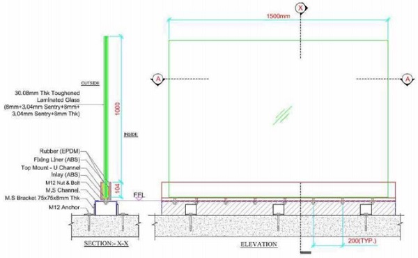 Fig. 4 Triple Layer Laminated Glass Balustrade with Ionomer interlayer rigidly supported at the base.