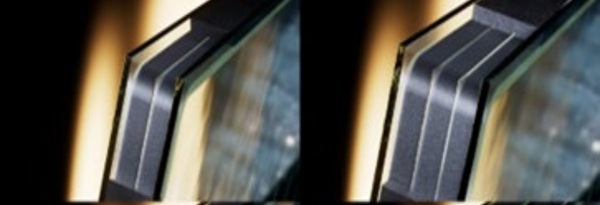 Fig. 4: Picture of ultra-thin glass center pane in triple (left) and quad (right) IGUs with the inset of the thin glass.