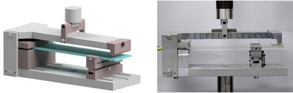 Fig. 4: Test setup for bending test on small scale specimens to identify a suitable adhesive. Left: rendering of the developed bending test. Right: Realised test setup with installed test specimen and applicated fibre sensor.