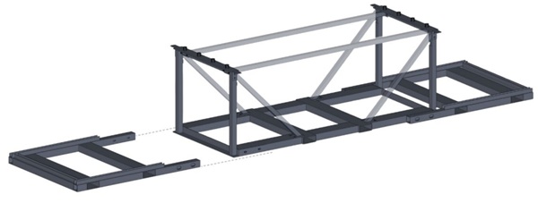 Fig. 4: Design of the steel frame. The staircase frames can be mounted directly to the central part. The lightercolored elements are only used for transportation.