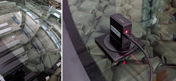 Fig. 4: Grid pattern of the windshield (left) and SCALP measurement on a curved pane (right).
