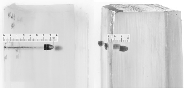 Fig. 4: left photo, regular PVB block, DoPTrosifol® B200 ~ 75mm, 9mm Luger, bullet velocity 423 m/s. right photo, ionoplast interlayer, DoPSentryGlas® ~ 30mm, 9mm Luger, bullet velocity 422 m/s.