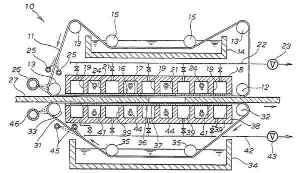 Fig. 4 Device for tempering glass between wet belt conveyors (Nippon Sheet Glass Co. Ltd., 2004)