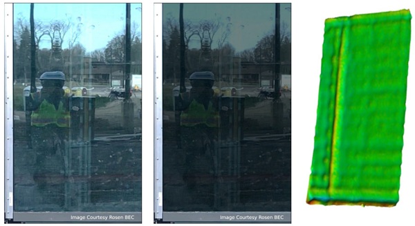 Fig. 4: Center kink – actual photograph, simulated less reflective coating, and measured part.