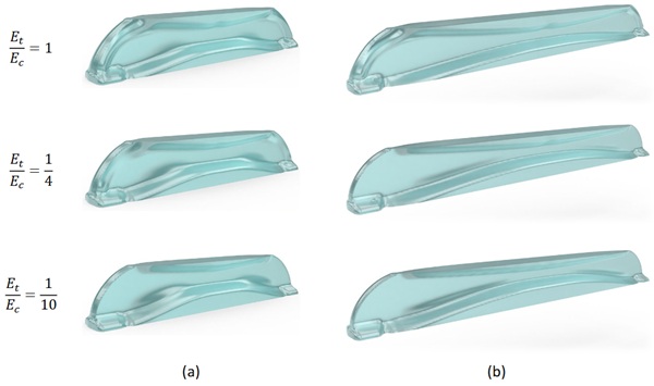Fig. 4: The optimization results for varying optimization stiffness ratios are shown after rationalization into 3D geometries, with the 400 mmm span shown in (a) and 700 mm span in (b).