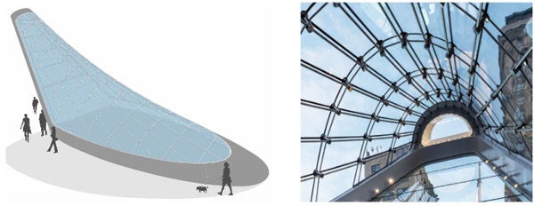 Fig. 4: LIRR East End Gateway (NY) – seele with point fixed chemically strengthened curved glass panels.