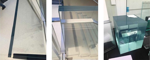 Fig. 4: Increase in glass thickness leads to increase in perceived colour (2x12mm, 5x12mm, 20x12mm).