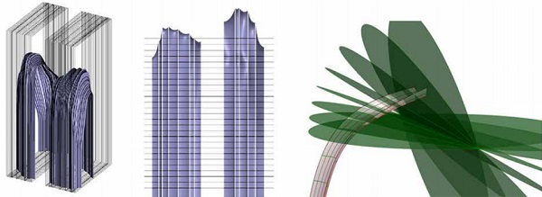 Figure 4 Reference surface jointing layout. Left: the vertical network is the result of the intersection of vertical planes and the entire reference surface. Middle: The horizontal network of the vertical and sloped part is aligned with the slab level. Right: The roof subdivision is the result of the intersection of a pencil of radial planes and the reference surface. This generating process allows a continuous transition between the last horizontal plane (between sloped and roof part) and the last plane of roof part.