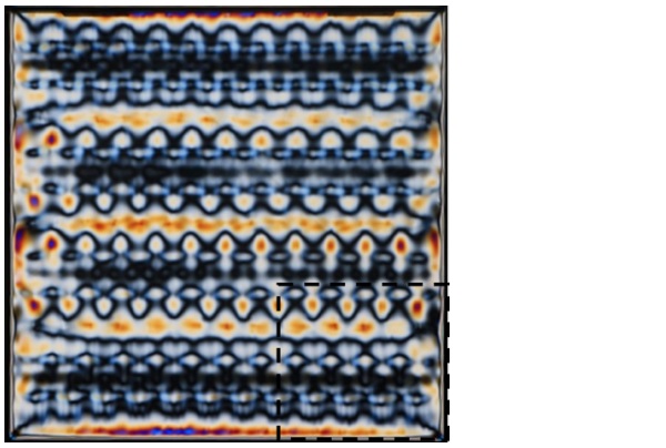 Figure 4. Anisotropy pattern of a stationary 8 mm glass with a dark-field polariscope. Area for SCALP measurements is shown with dashed lines. Glass has been under 4 nozzle boxes. Nozzle box is in horizontal orientation relative to glass in figure. 