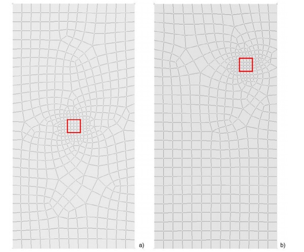 Fig. 5: The mesh configuration for the impact tests: a) The impact point is set in the middle of the plate; b) the impact point is set in the right top corner of the plate.