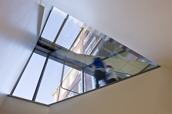 Fig. 5P-131317, 2011 | Glass and existing architecture | Total dimensions variableBrown University Cognitive Science Building | Providence RI, USAPhoto Credit: Warren Jagger | Interior view from basement level