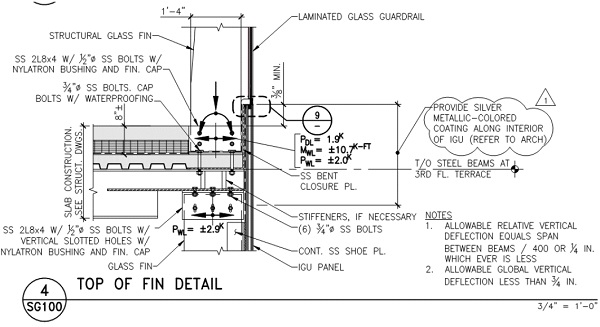 Fig. 5a) Third floor terrace detailat interface of glass wall and balustrade.